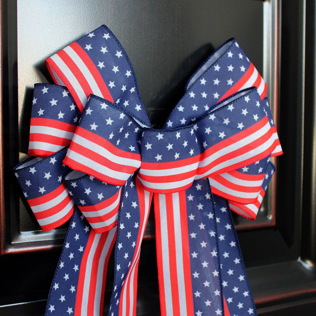 Unisex nan large patriotic star stripe ribbon bow wall hanging with long streamer tails for door wreaths and porch decor Kalsten