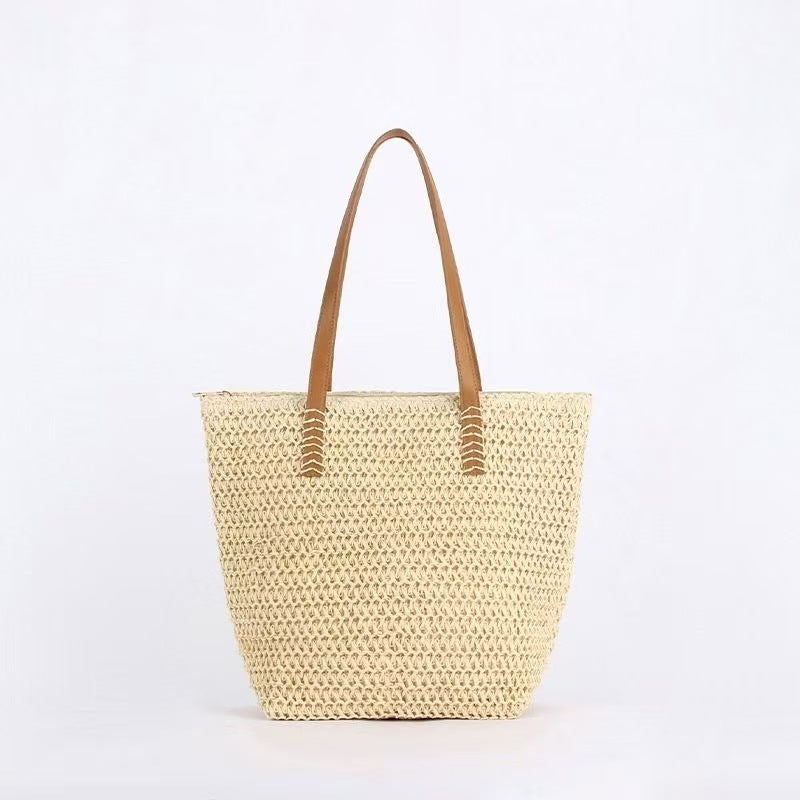 Handbag Made of Woven Natural Material with Leather Carrying Handles Kalsten