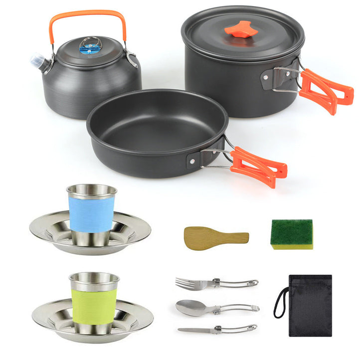 lightweight hard-anodized camping cookware set with folding handles compact kettle and stainless cup plates Kalsten