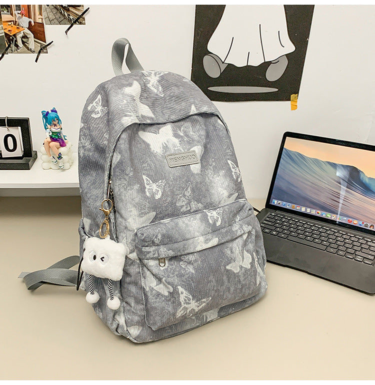Corduroy Butterfly-Print School Backpack