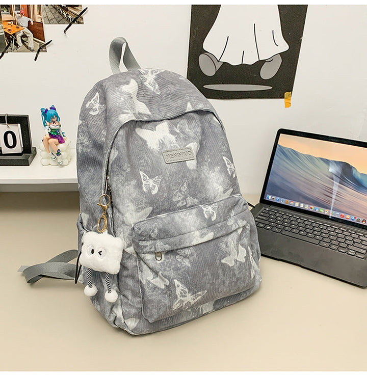 Corduroy Butterfly-Print School Backpack