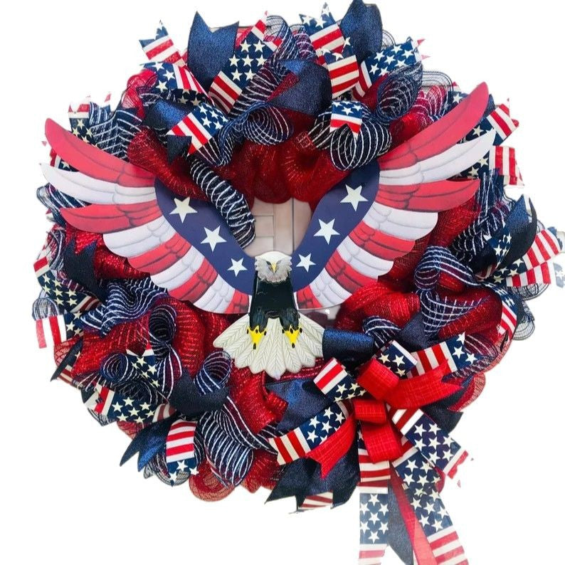 Unisex handmade decorative wreath made of polyester mesh with eagle centerpiece and Americana ribbons Kalsten