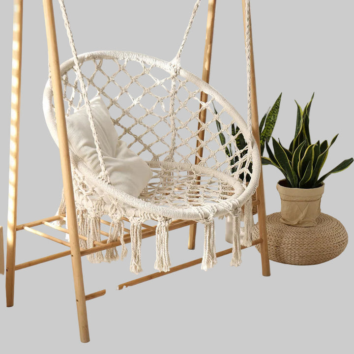 Macrame hanging chair with complete ceiling mounting kit and decorative tassel fringe Kalsten