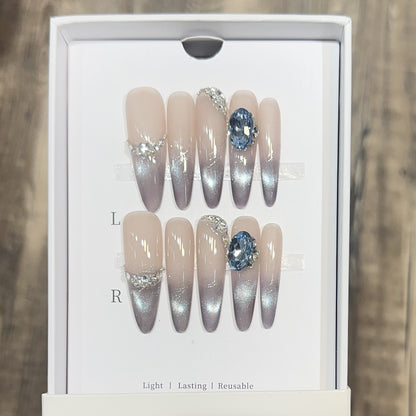 Glamorous Press-On Nail Set with Ombré Design and Rhinestone Accents Acalora