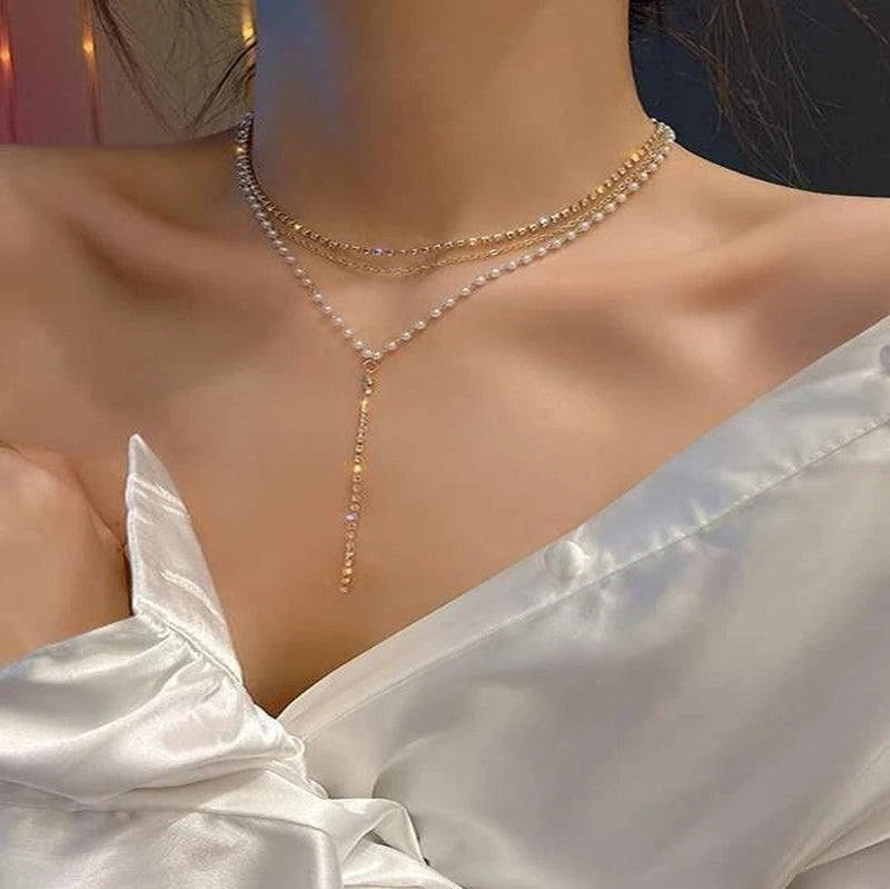Layered Crystal and Pearl Necklace Kalsten