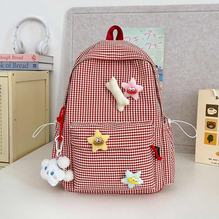 Gingham Print Character-Embellished School Backpack