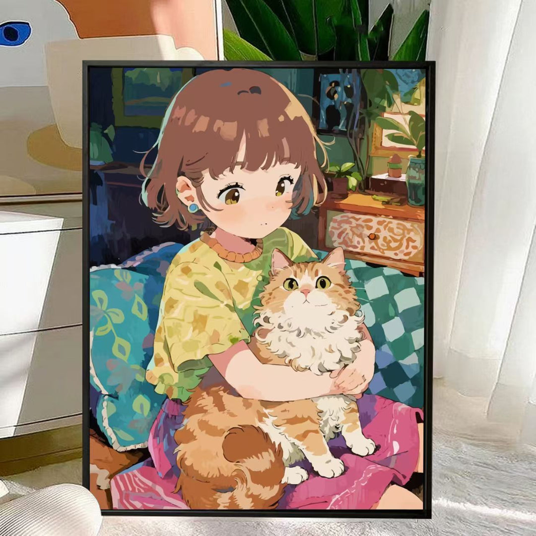 Cute Cat and Child Illustration Wall Art Kalsten