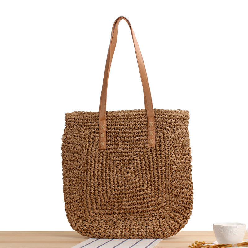 Natural bast shoulder bag with leather handles Kalsten