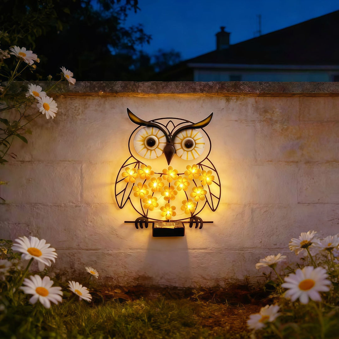 Metal Owl Wall Art With Solar Powered LED Floral Lights And Iron Frame Kalsten