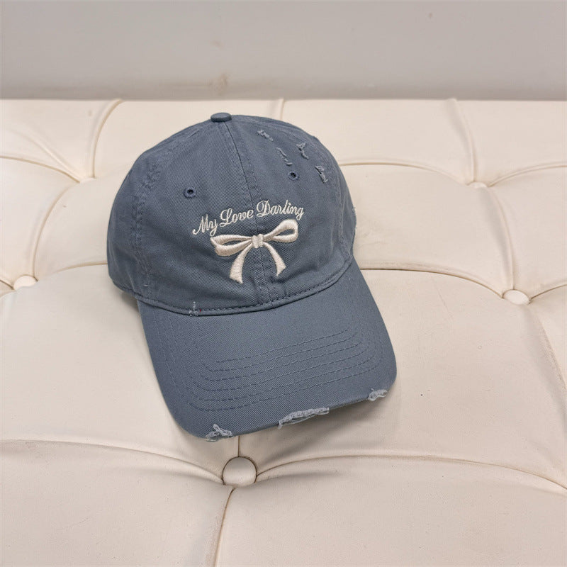 Women's Distressed Cotton Baseball Cap with Bow Embroidery Kalsten