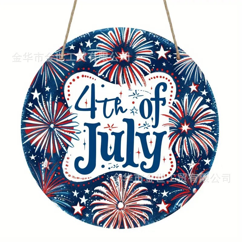Independence Day rustic round wooden patriotic cross wall plaque with floral accents and God Bless America banner Kalsten