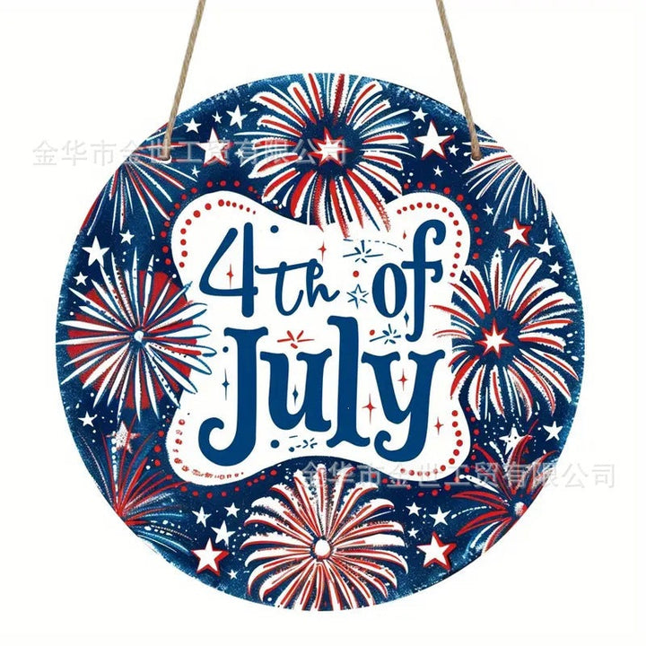 Independence Day rustic round wooden patriotic cross wall plaque with floral accents and God Bless America banner Kalsten