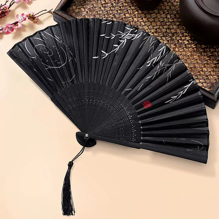 Women One Size Handmade Bamboo Pleated Fan with Hand-Painted Calligraphic Willow Pattern and Decorative Tassels