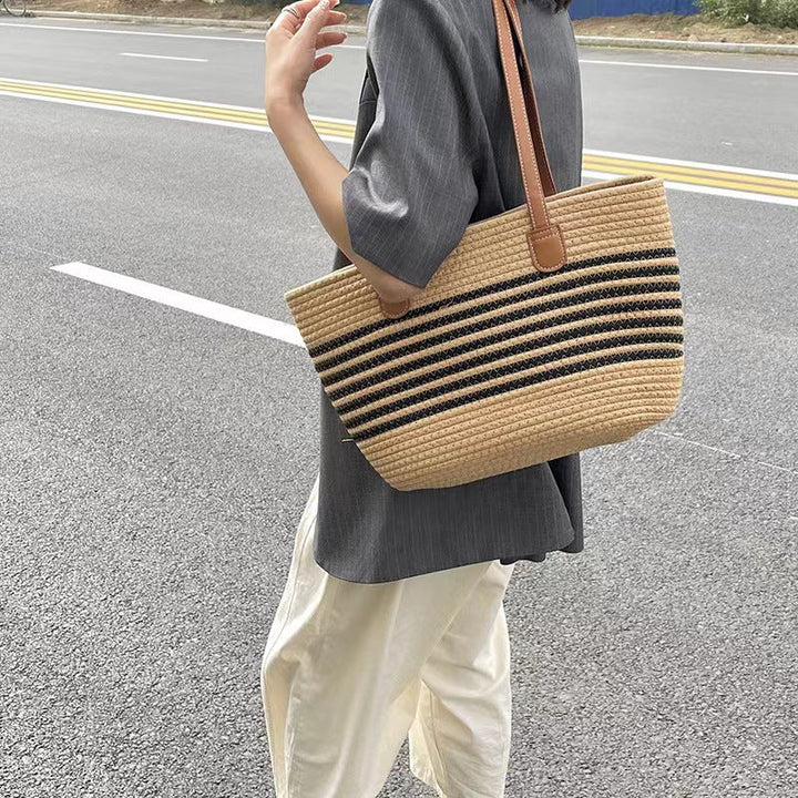 Elegant Tote Bag Made of Woven Bast Material with Robust Leather Accents Kalsten
