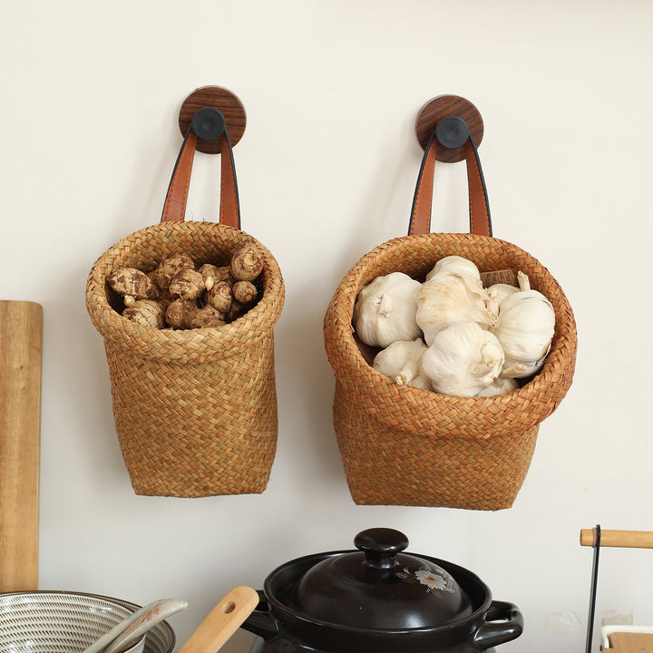 Handwoven Natural Storage Bin with Leather Trim Kalsten