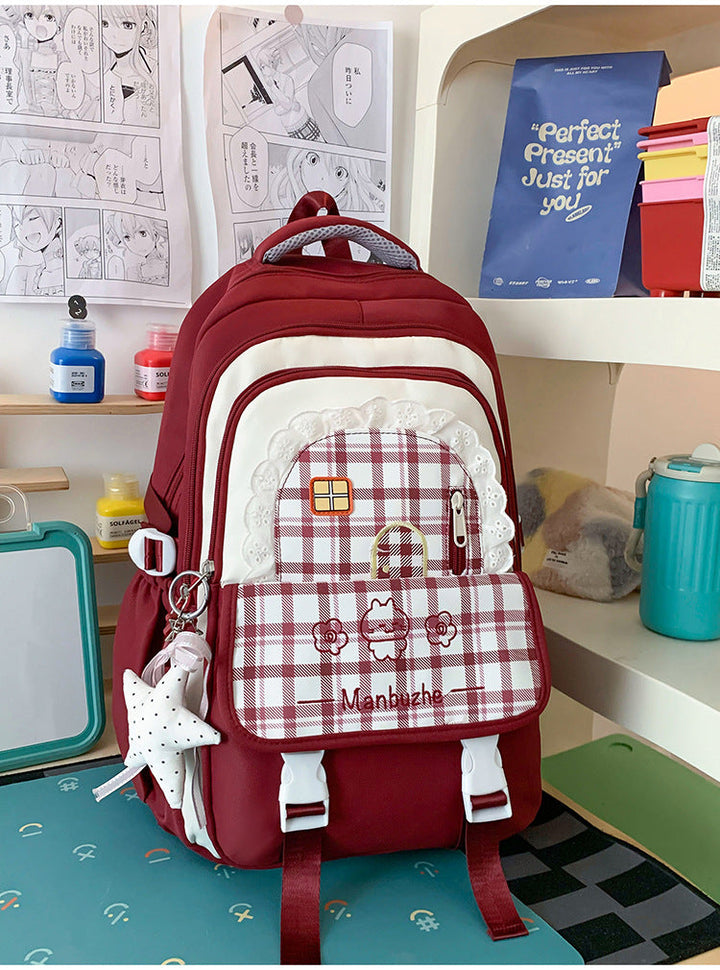 Girls' Playful Checked Pattern School Backpack