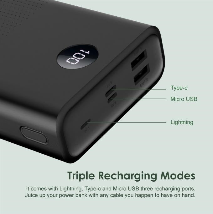 High-capacity dual-port fast charging power bank with digital battery display and USB-C pass-through Kalsten