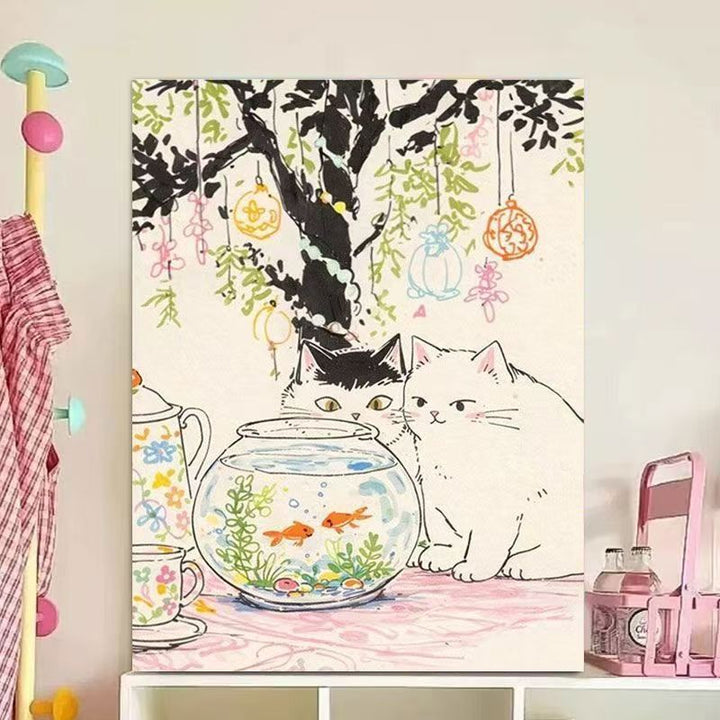 Whimsical Cat Illustration Canvas Art Print Kalsten