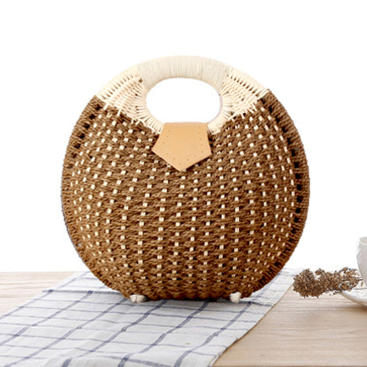 Round straw bag with elegant leather handle Kalsten