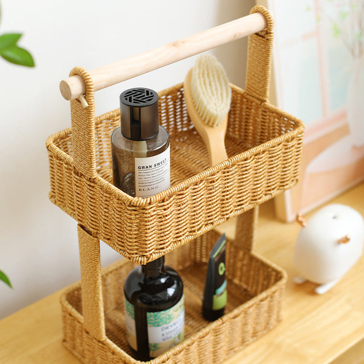 Unisex Two-Tier Storage Basket with Wooden Handle Kalsten