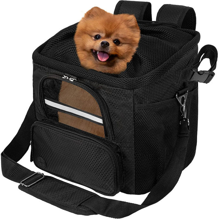 rectangular insulated pet travel tote with drawstring mesh canopy front-access pocket and adjustable padded shoulder strap Kalsten