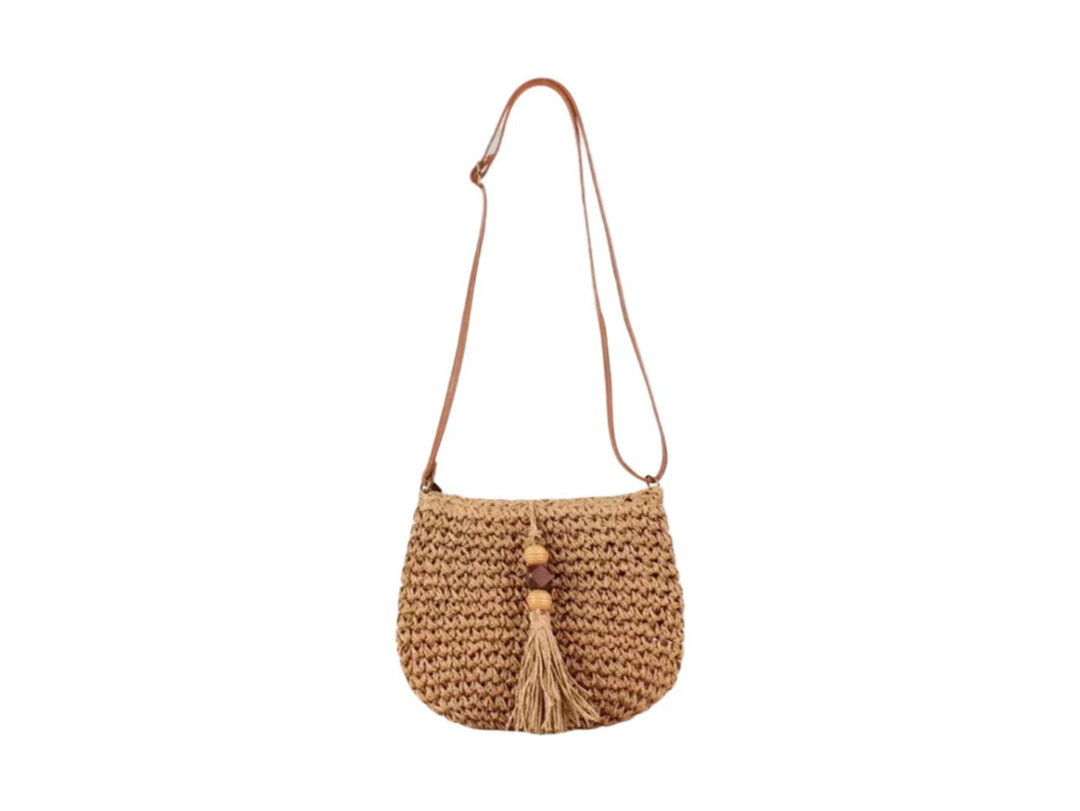 Handwoven shoulder bag with tassels and wooden details Kalsten