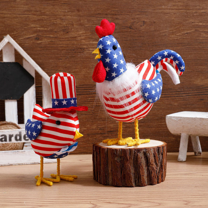Unisex nan decorative plush rooster in Americana design with star pattern and standing wire legs Kalsten