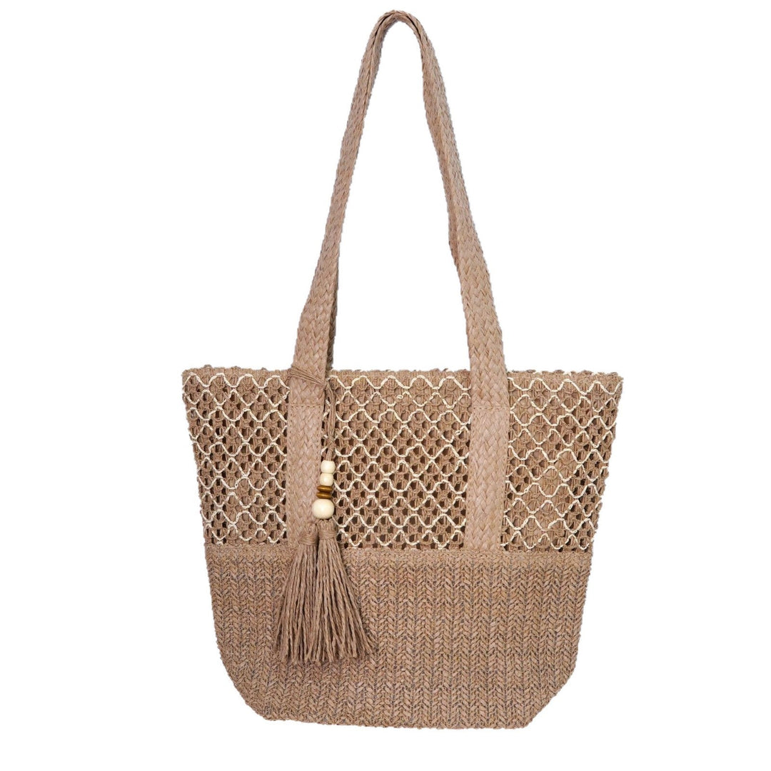 Beach bag with mesh structure and tassel details Kalsten