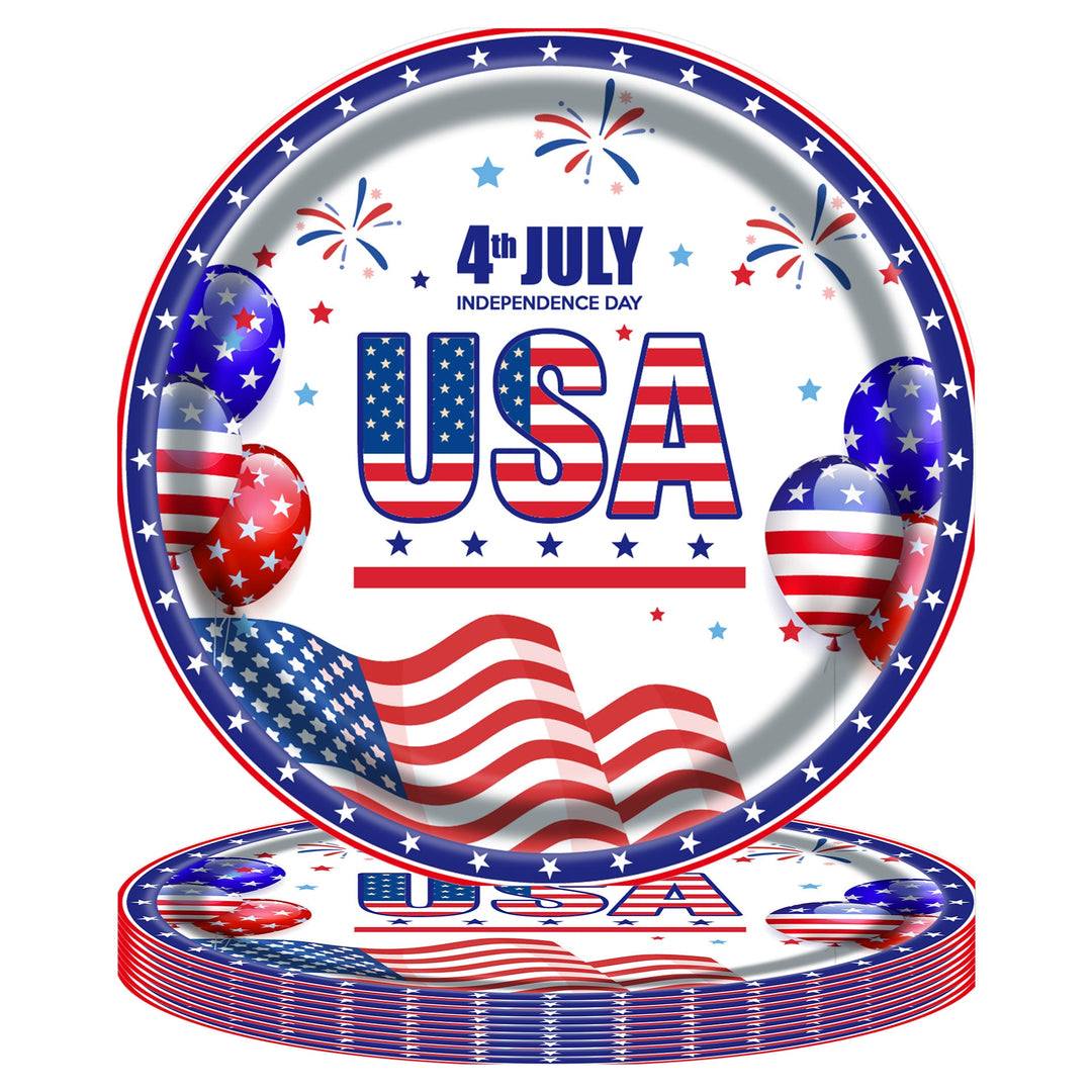 Unisex disposable paper plate with patriotic Statue of Liberty and stars and stripes design, sturdy wide rim Kalsten
