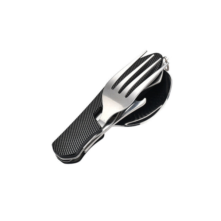 folding stainless steel camping cutlery set with textured grip locking hinge and compact travel clip Kalsten