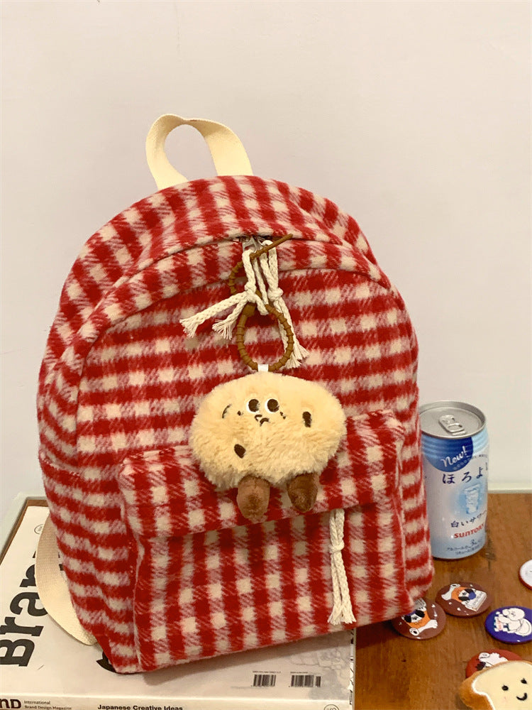 Cozy Checkered Plush School Backpack Kalsten