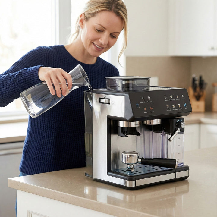 Espresso machine with integrated grinder, automatic temperature control and programmable coffee strengths Kalsten