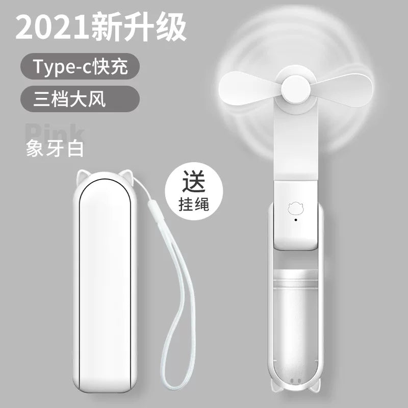 Unisex One Size Foldable Rechargeable Triple Handheld Mini Fan with Integrated Power Bank USB-C and USB-A Ports and Wrist Strap Kalsten