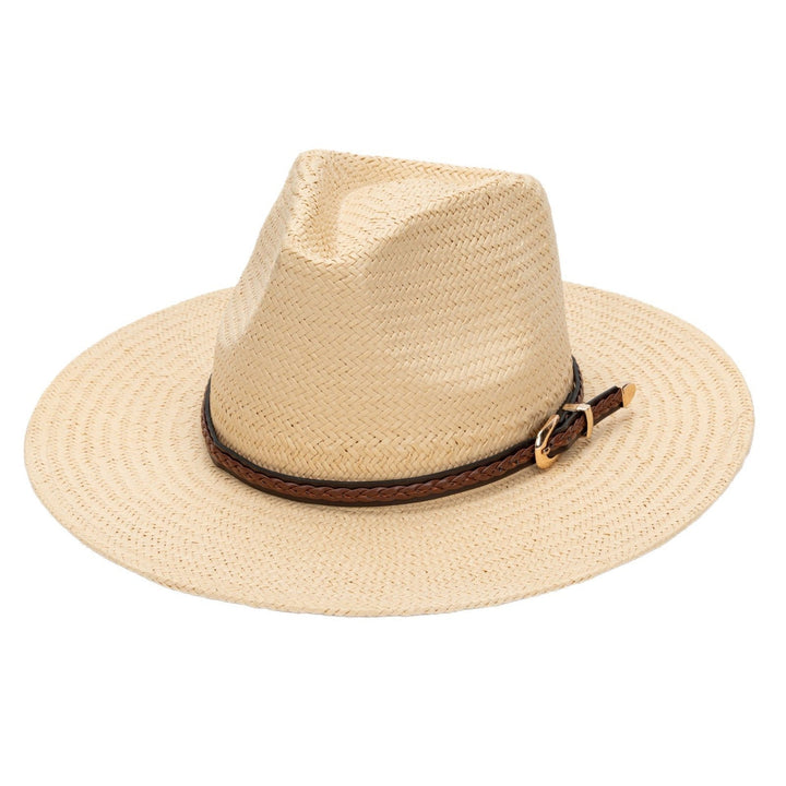 Straw Flat Brim Hat with Leather Trim | Kalsten
