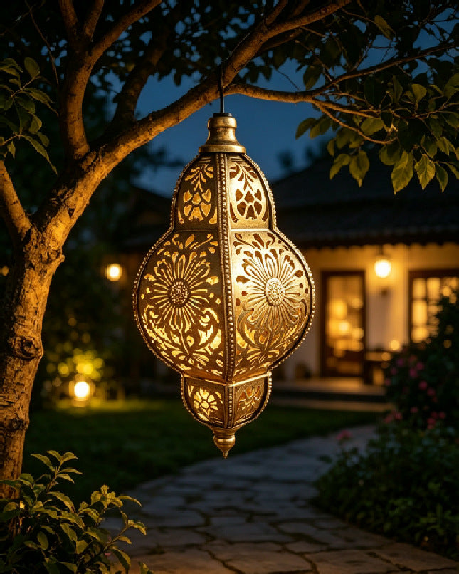 Ornate Moroccan Cutout Metal Hanging Pendant Light With Decorative Shadow Projection And Ceiling Canopy Kalsten