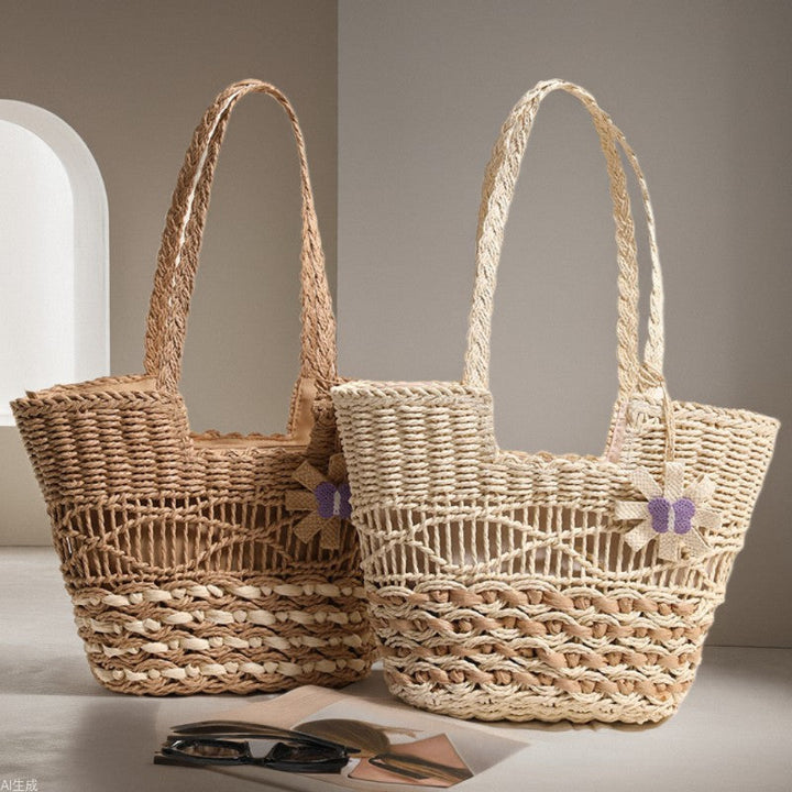 Braided basket bag with decorative flower appliqué Kalsten