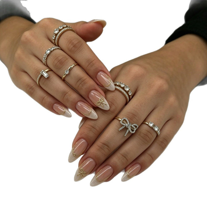 Artificial nails with Elegant French Design and Golden Decorations Kalsten