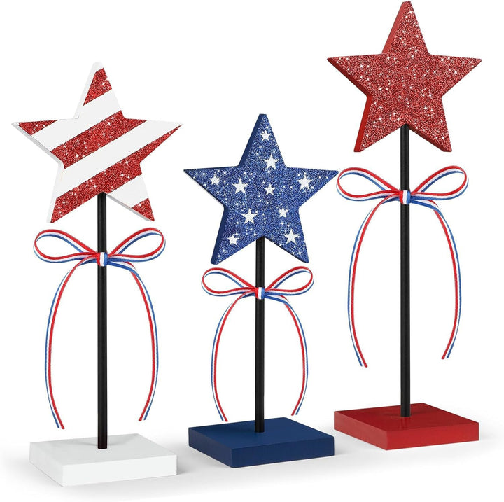 Unisex decorative table toppers made of wood with glittering star tops and ribbon Kalsten