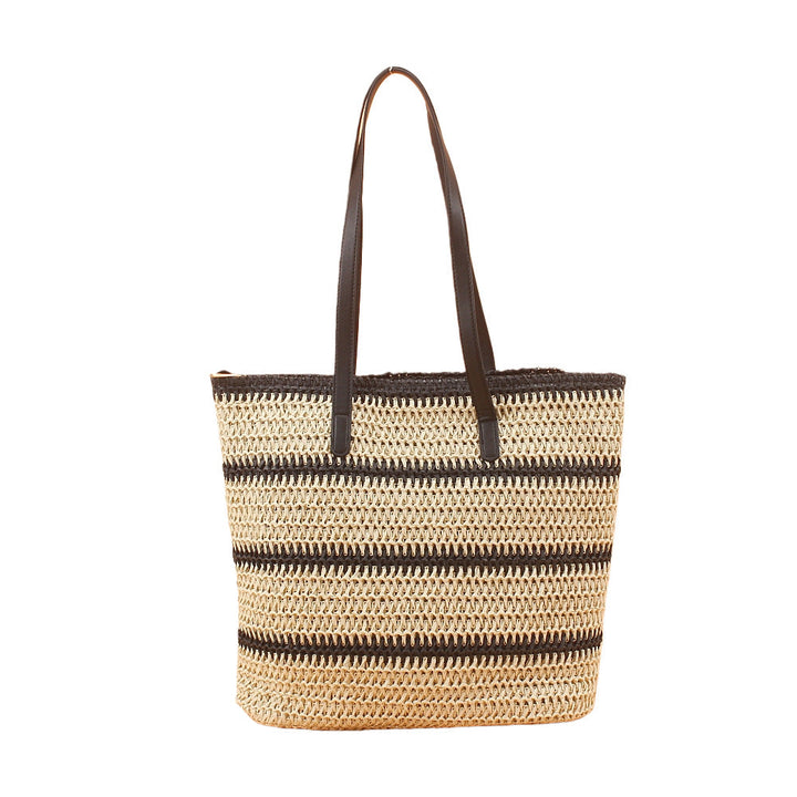 Trendy Beach Bag Made of Woven Straw with Elegant Leather Handles Kalsten