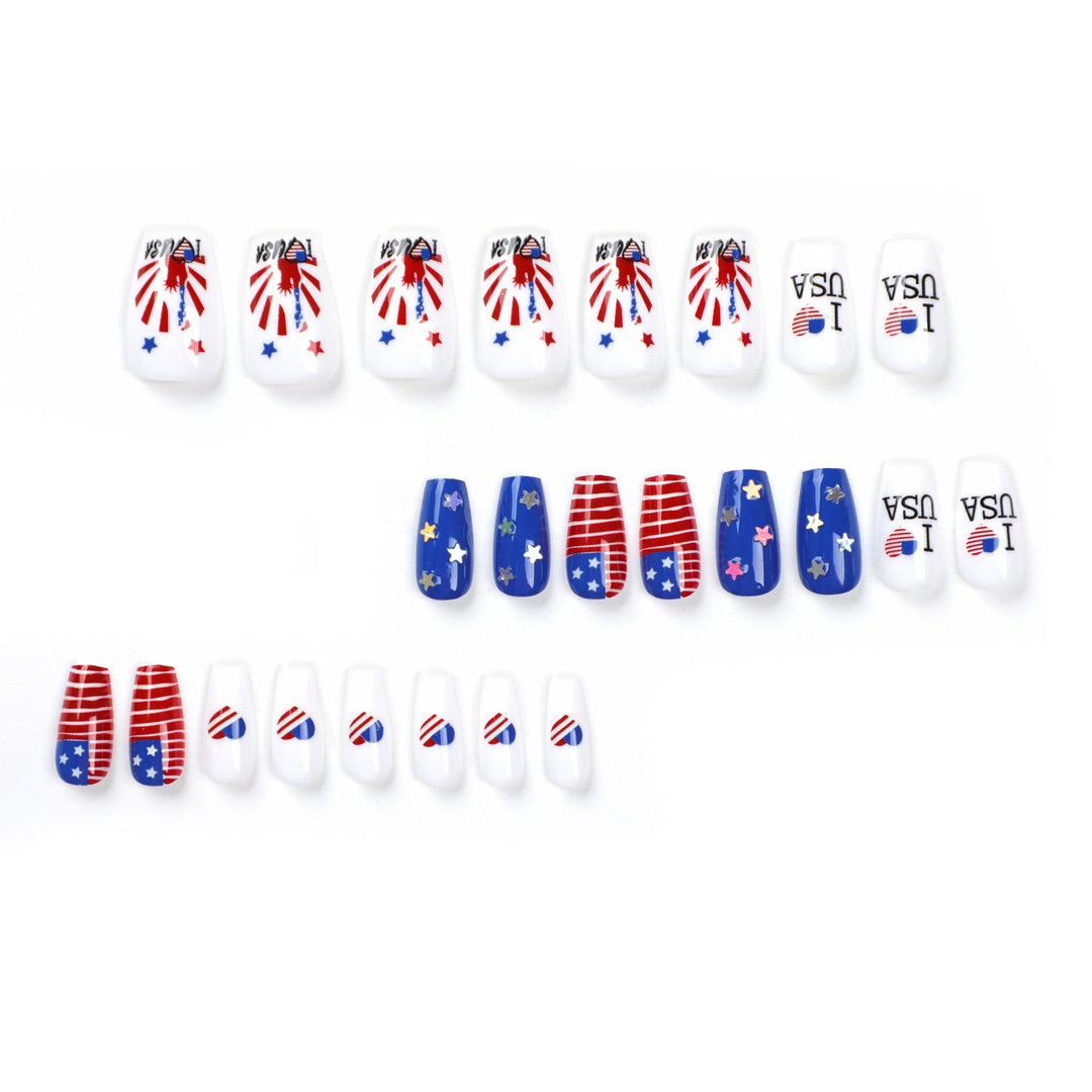 Women's nan long glossy patriotic press-on acrylic nails set with star and flag decals Kalsten