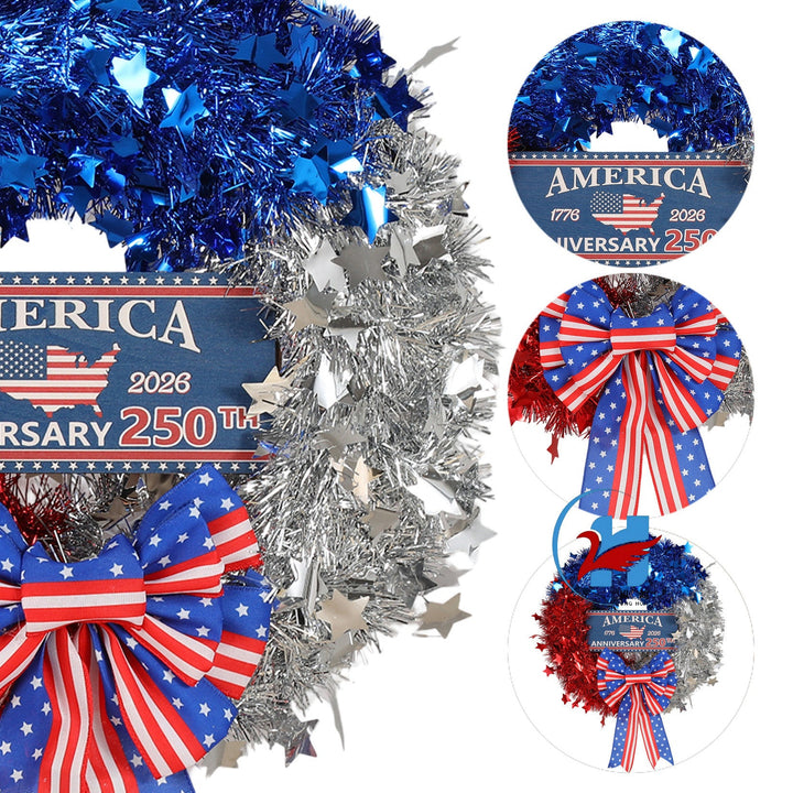 Unisex nan more patriotic door wreath made of tinsel with star embellishments and large bow Kalsten
