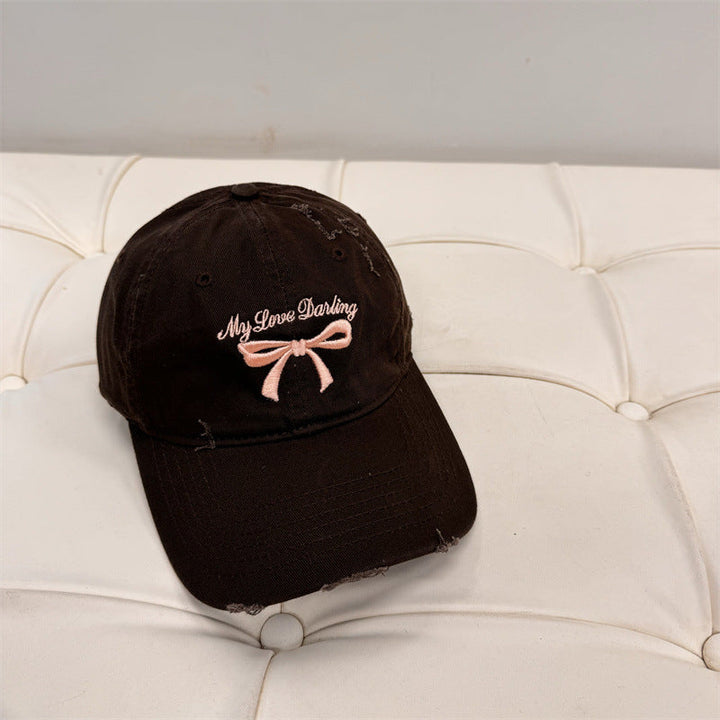 Women's Distressed Cotton Baseball Cap with Bow Embroidery Kalsten