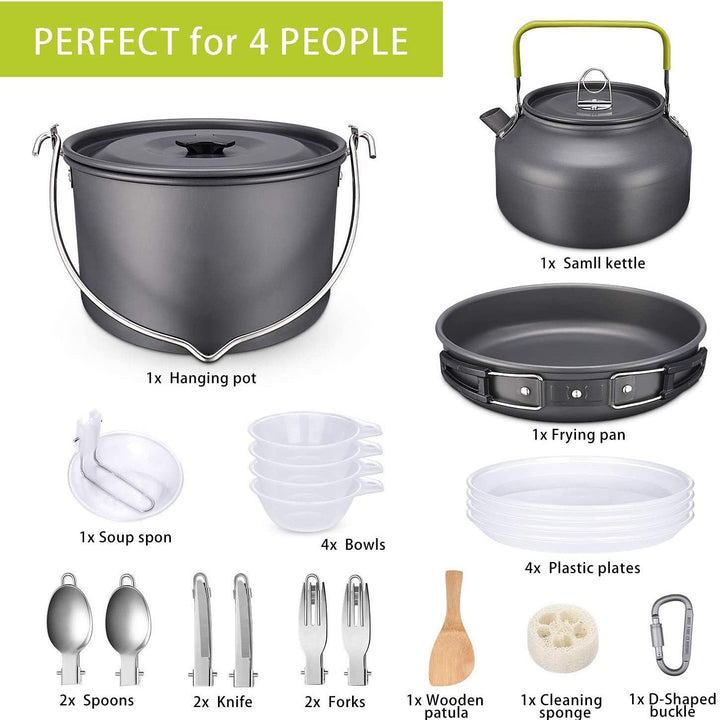 ultralight anodized aluminum camping cookware set with folding-handle kettle nesting pot and compact utensil kit Kalsten