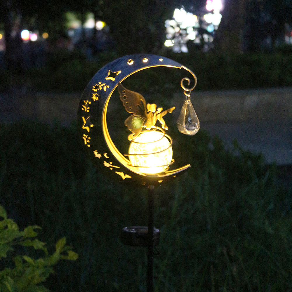 Decorative Crescent Moon Solar Garden Stake Lamp With Hanging Crystal Orb And Butterfly Kalsten