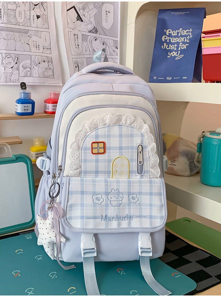 Girls' Playful Checked Pattern School Backpack