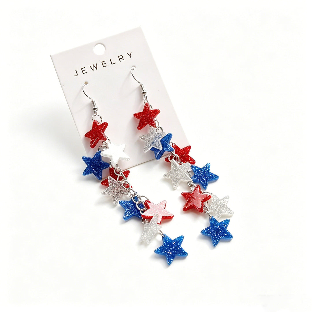 Women's long statement earrings with multi-layered star pendants and fishhook clasp Kalsten