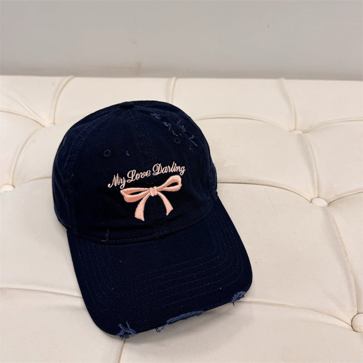 Women's Distressed Cotton Baseball Cap with Bow Embroidery Kalsten