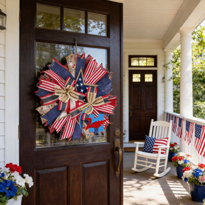 Unisex nan more patriotic front door wreath made of wood and jute ribbon with layered star and bow details Kalsten
