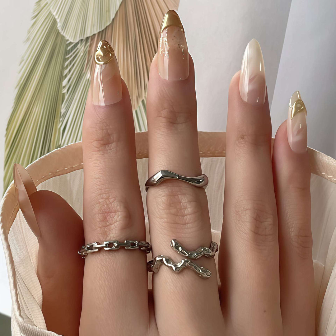 Artistic Press-On Nail Set with Gold and Floral Accents Kalsten