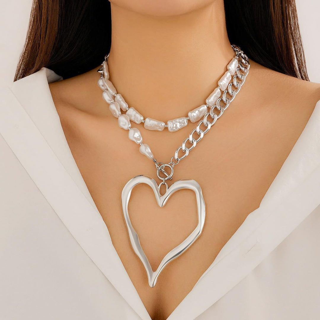 Statet Heart and Pearl Chain Necklace Kalsten